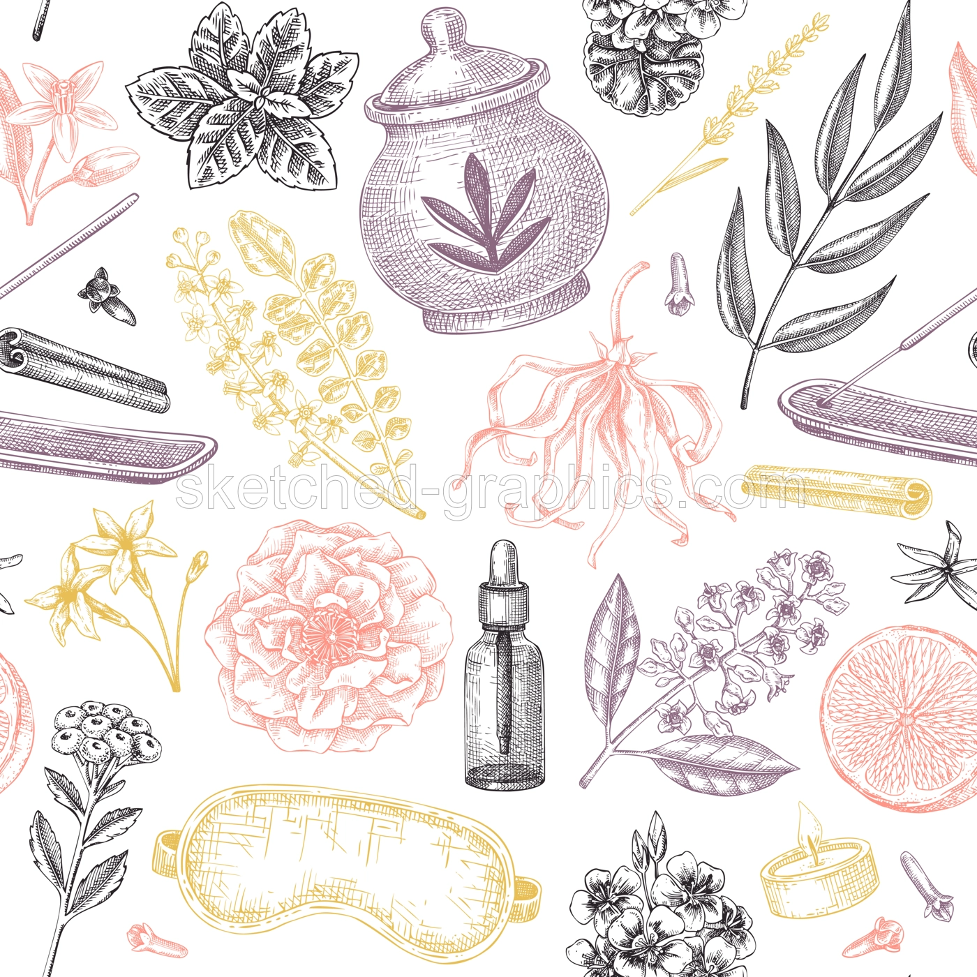 Aromatherapy background design. Welness seamless pattern. Aromatic herbs, fruits, floral sketches. Self care hand drawn vector illustration. Not AI generated Illustration